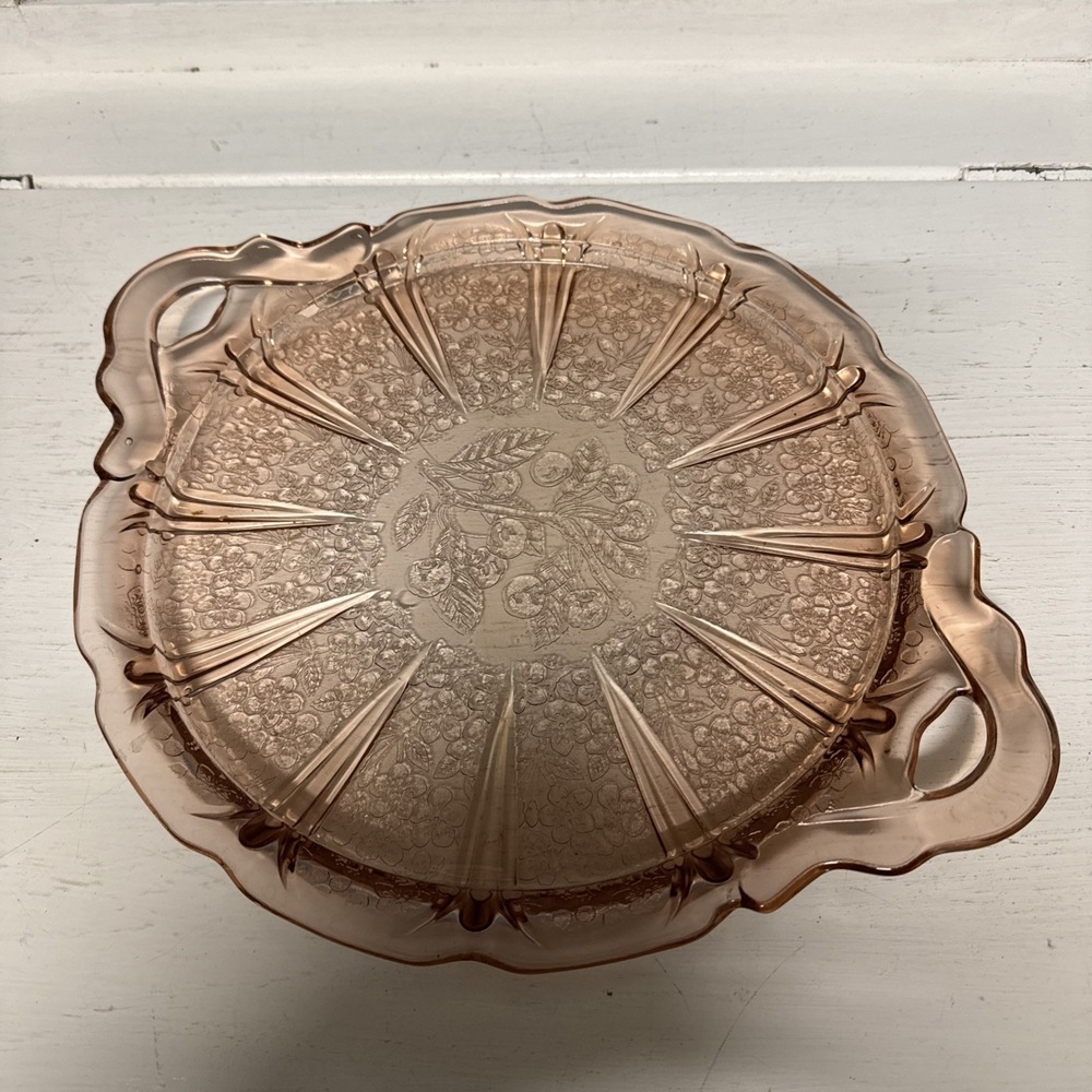 Vintage 1930s Jeannette Pink‎ Depression Glass Cake Plate Cherry Blossom 10.25"